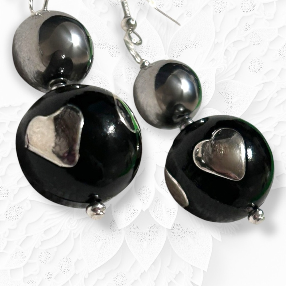 Hand Crafted Earrings Hearts Black Silver Acrylic Glass Long Pierced